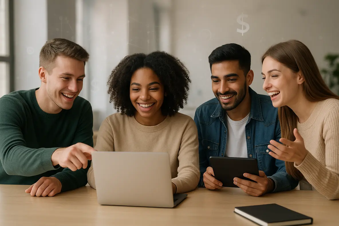 Jovens empreendedores colaboram ativamente em um ambiente digital, explorando e aplicando estratégias sobre como começar no marketing de afiliados para jovens empreendedores.