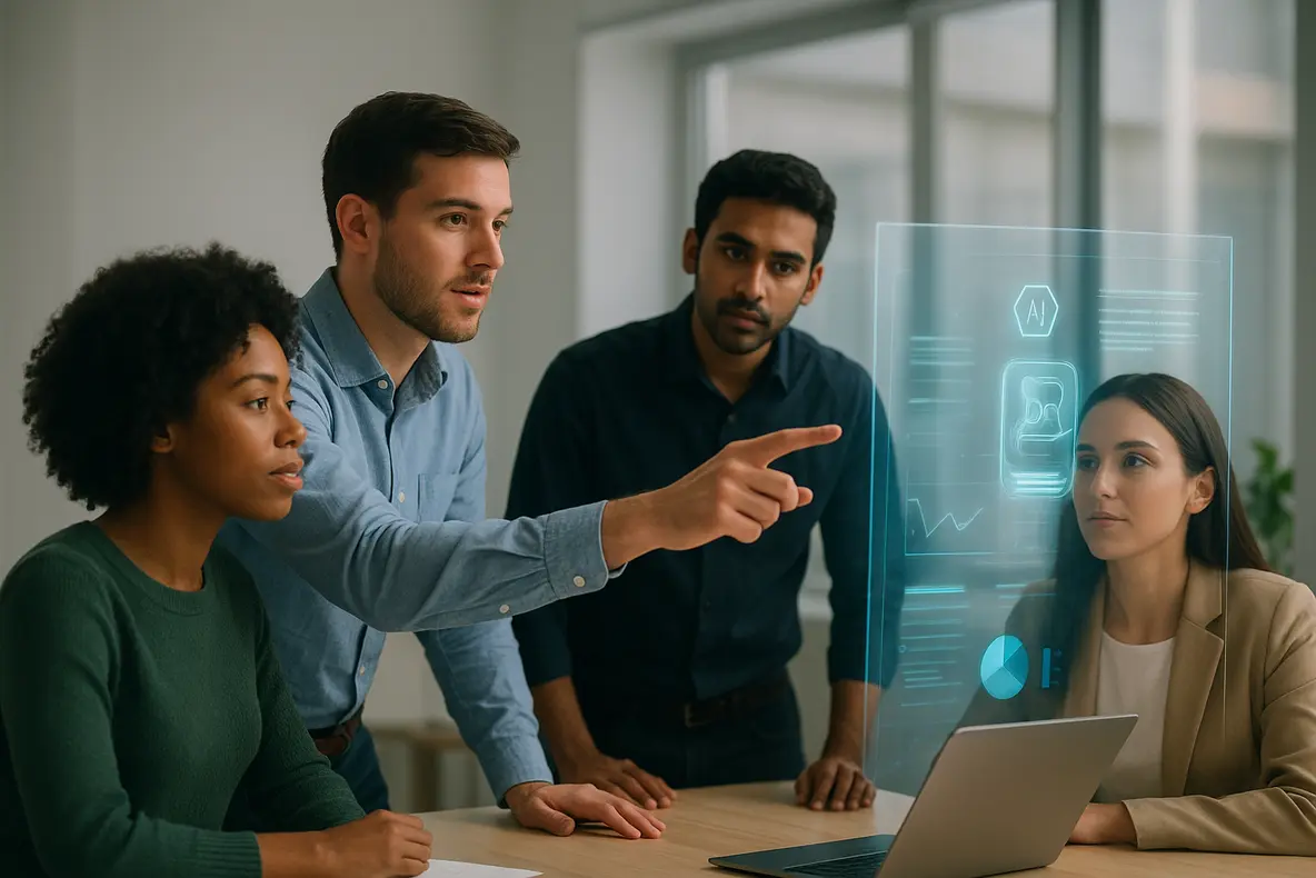 Equipe colaborando em um escritório moderno com tecnologia de IA para otimizar o Marketing de Conteúdo com IA para Escalar Vendas Pequenas Empresas.