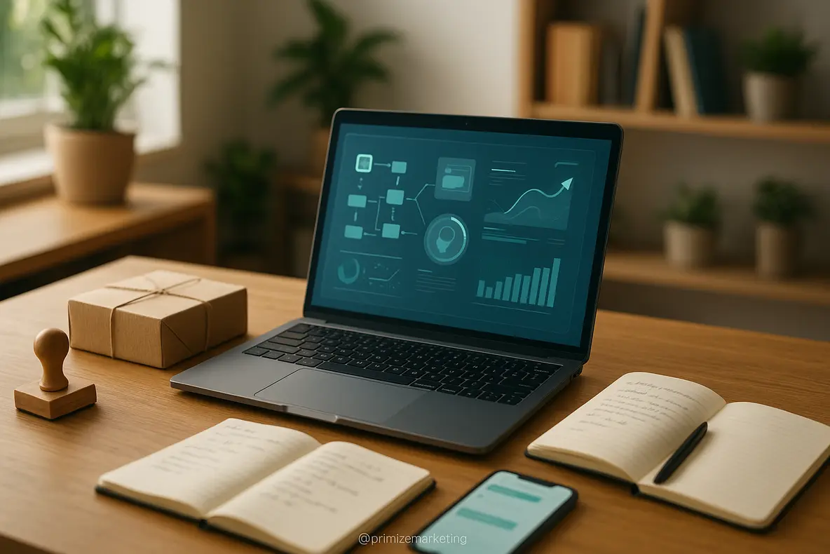 Equipe colaborando em um escritório moderno com tecnologia de IA para otimizar o Marketing de Conteúdo com IA para Escalar Vendas Pequenas Empresas.
