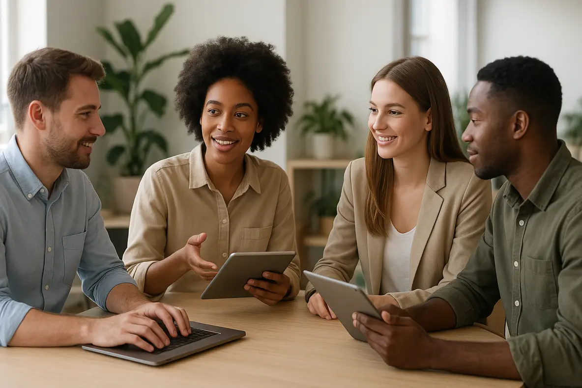 Um grupo diversificado de empreendedores e influenciadores digitais colabora em um ambiente moderno e dinâmico, representando as estratégias eficazes de marketing de influência para pequenas empresas.