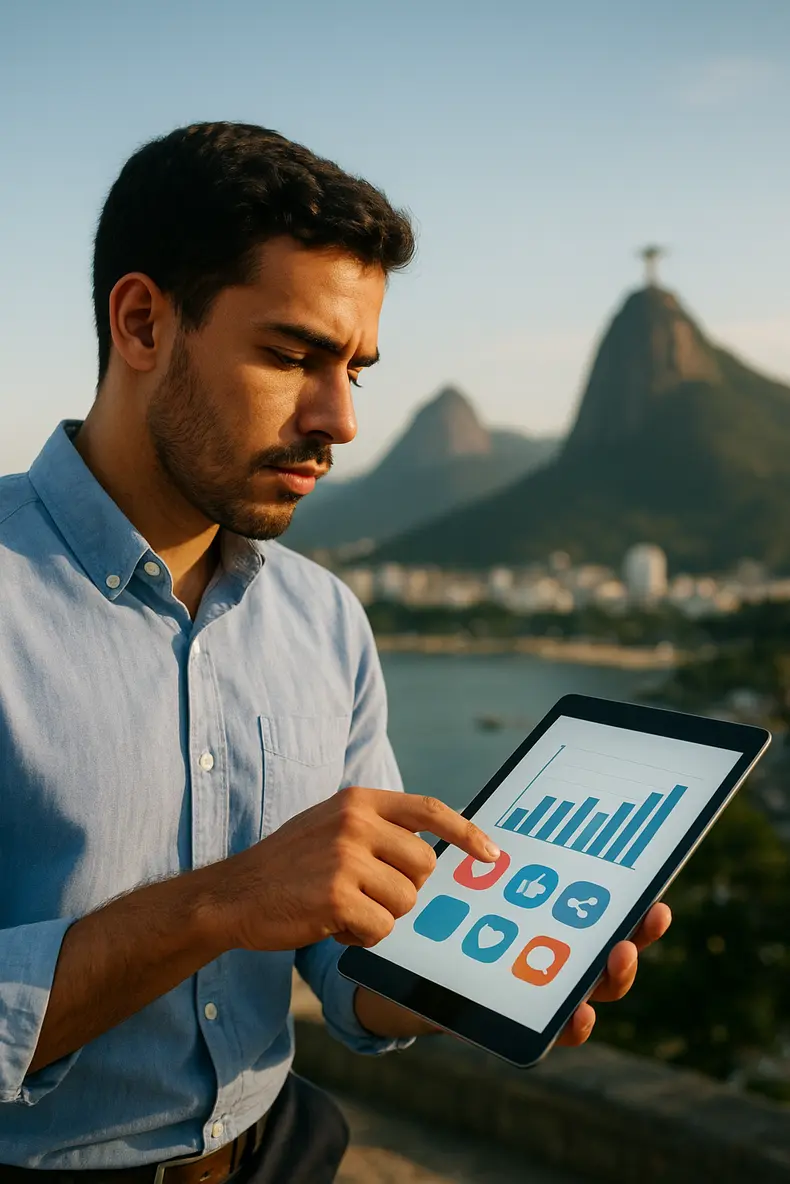 Um empreendedor do Rio de Janeiro usa um tablet para planejar estratégias de marketing digital para pequenos negócios RJ, com a paisagem da cidade ao fundo, simbolizando o crescimento local.