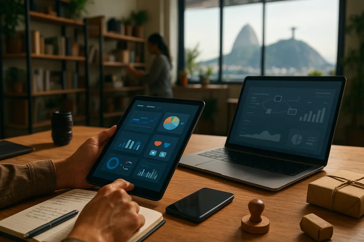 Um empreendedor do Rio de Janeiro usa um tablet para planejar estratégias de marketing digital para pequenos negócios RJ, com a paisagem da cidade ao fundo, simbolizando o crescimento local. - Aplicação Prática
