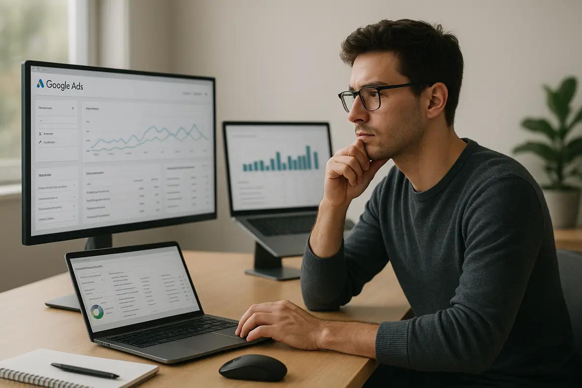 Jovem profissional analisando palavras-chave long tail para Google Ads marketing digital em uma mesa moderna