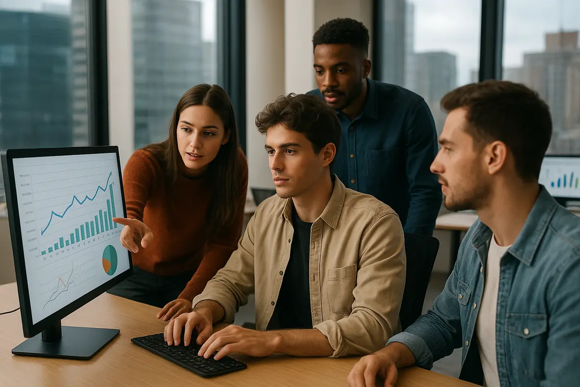 Imagem de jovens profissionais analisando dados de marketing digital focados em palavras-chave long tail para Google Ads no nicho de moda masculina jovem