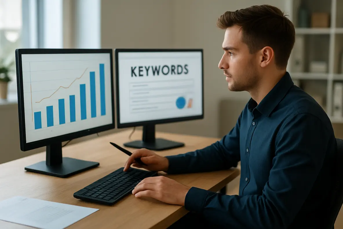 Profissional analisando palavras chaves para Google Ads no nicho de marketing digital