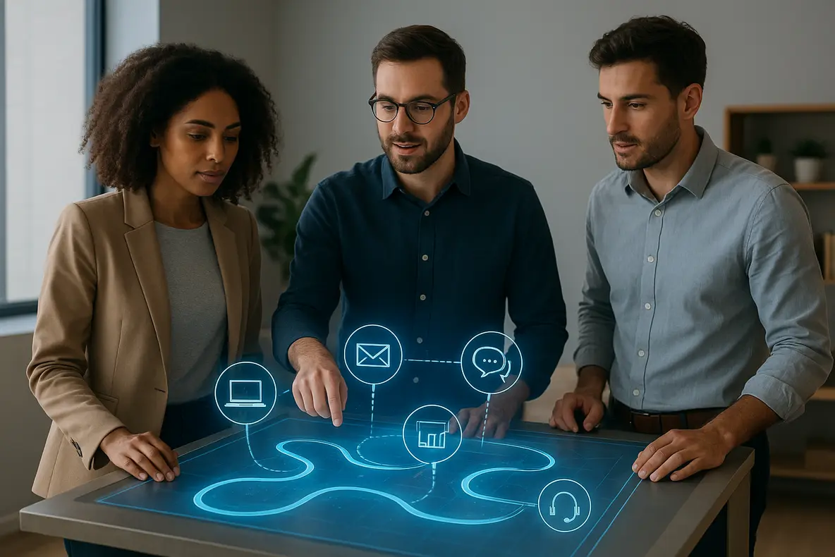 Uma equipe de pequenas empresas colabora em torno de uma projeção holográfica, simbolizando a ação de otimizar a jornada do cliente com automação para pequenas empresas.