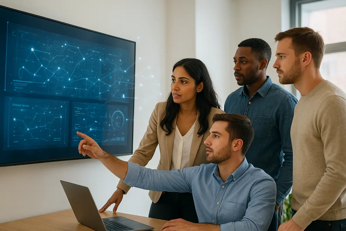 Uma equipe colaborativa em um escritório moderno utiliza tecnologia para otimizar a jornada do cliente com IA para pequenas empresas, analisando dados em uma tela.