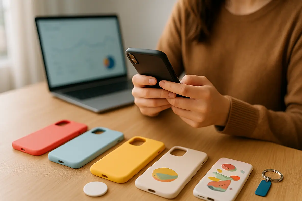 Cena de palavras-chave Google Ads para acessórios personalizados de celular com smartphone e capinhas sobre mesa de trabalho