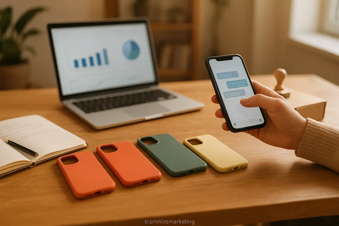 Cena de palavras-chave Google Ads para acessórios personalizados de celular com smartphone e capinhas sobre mesa de trabalho