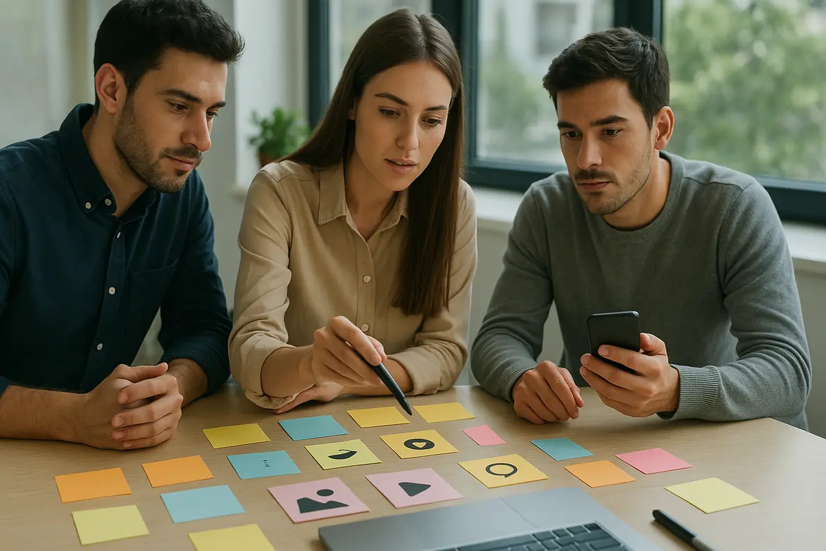 Jovens empreendedores planejando um plano de conteúdo para redes sociais passo a passo com laptop, celular e post-its em uma mesa de trabalho colaborativa.