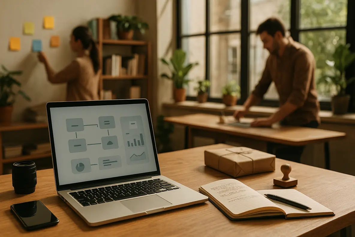 Jovens empreendedores planejando um plano de conteúdo para redes sociais passo a passo com laptop, celular e post-its em uma mesa de trabalho colaborativa. - Aplicação Prática