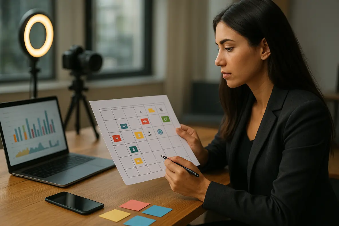 Profissional organizando um plano de conteúdo para redes sociais passo a passo em um painel visual com calendário editorial, gráficos e dispositivos digitais.