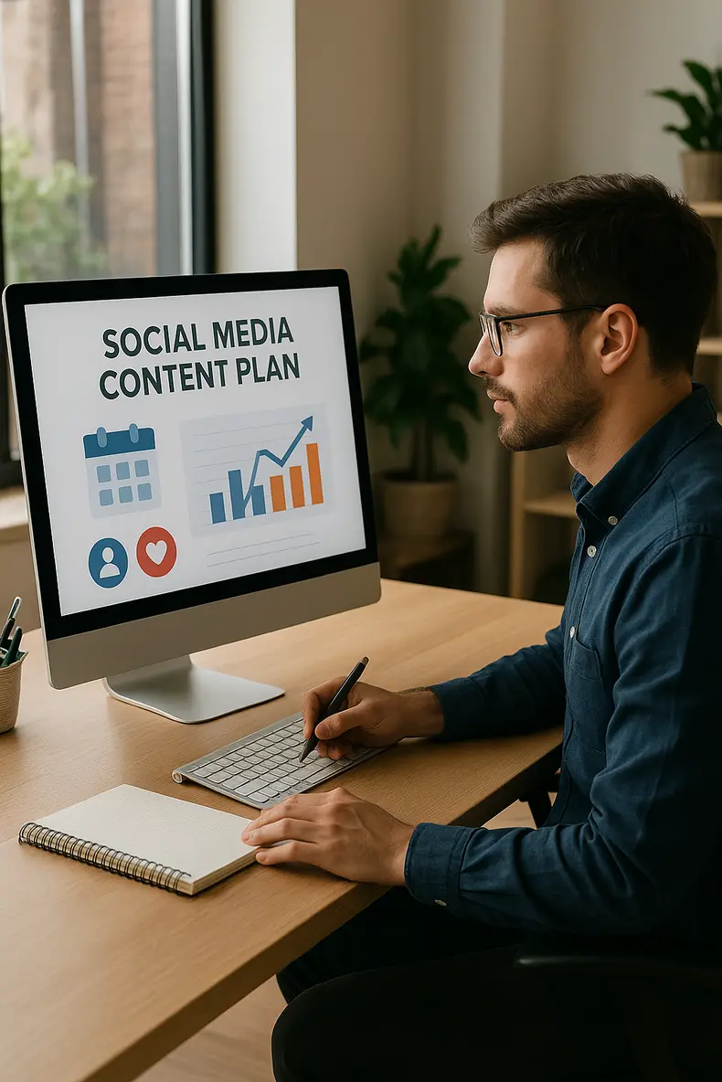 Imagem corporativa mostrando um profissional criando um plano de conteúdo para redes sociais que gera leads e vendas em um computador moderno.