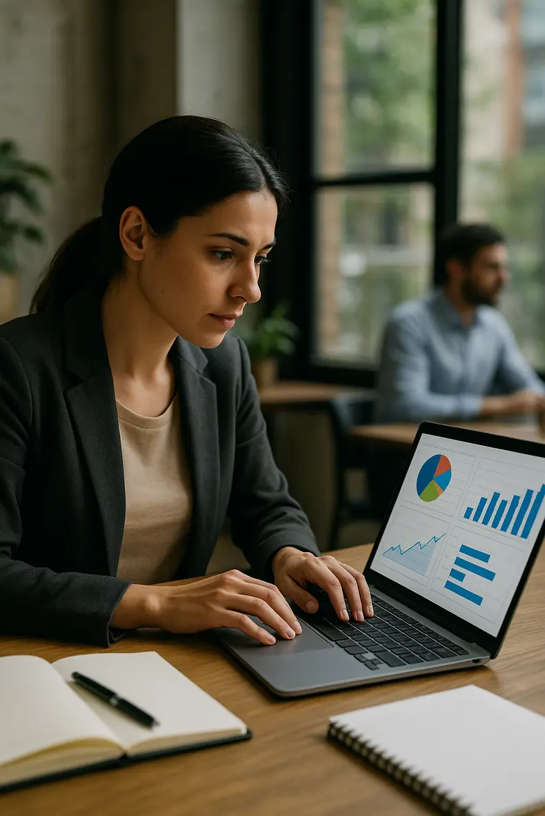 Um empresário pequeno utilizando inteligência competitiva para análise de concorrência em ambiente corporativo.