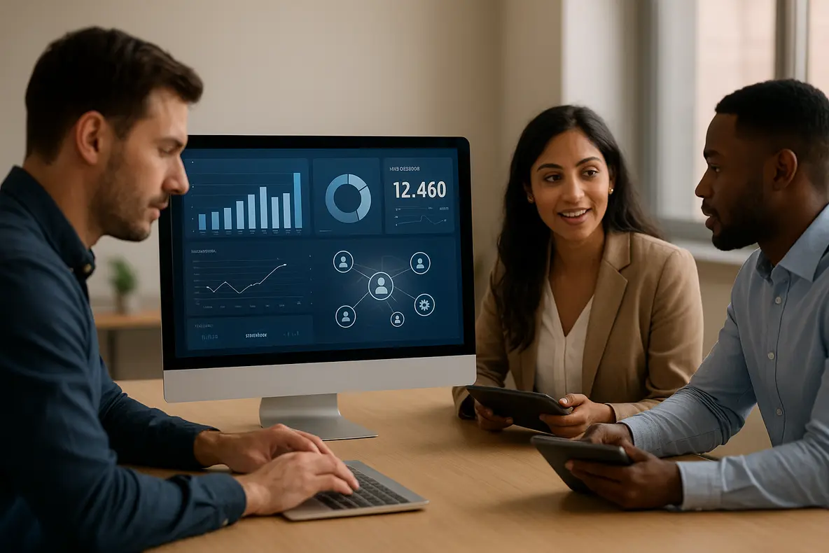 Um painel digital exibe análises de dados de clientes, enquanto profissionais de negócios interagem, ilustrando a aplicação de estratégias de Pós-Venda Digital para Pequenas Empresas.