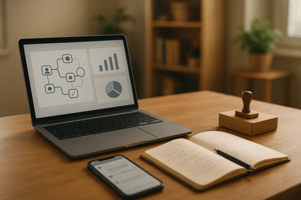 Um painel digital exibe análises de dados de clientes, enquanto profissionais de negócios interagem, ilustrando a aplicação de estratégias de Pós-Venda Digital para Pequenas Empresas.