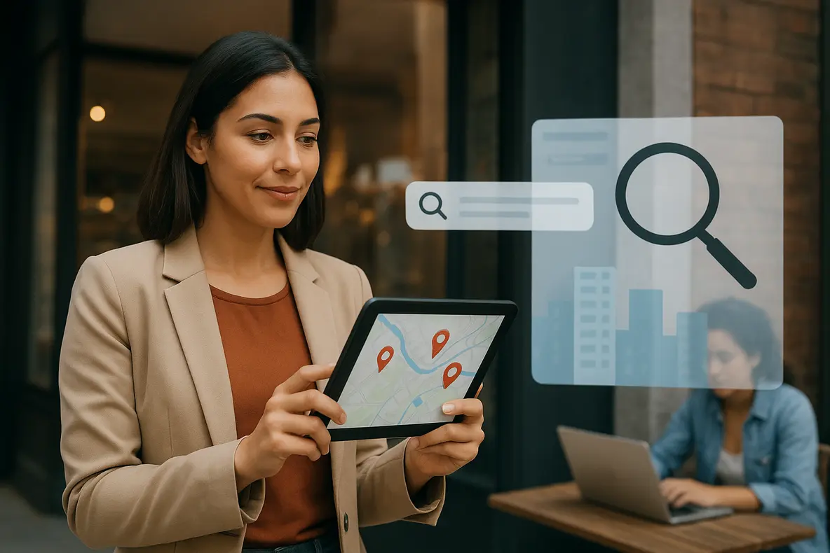Ilustração corporativa de um empreendedor visualizando um mapa digital no tablet, representando o sucesso do SEO local para pequenas empresas na atração de clientes na sua cidade.