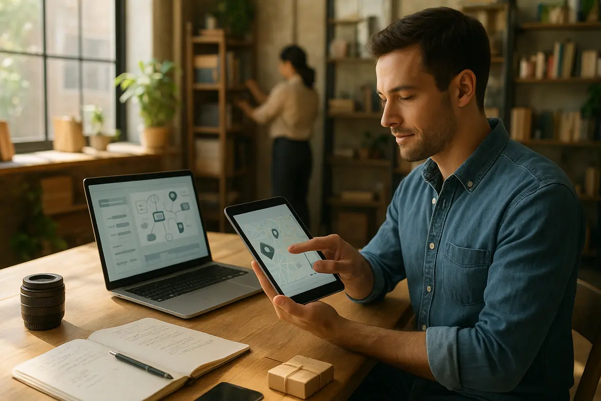 Ilustração corporativa de um empreendedor visualizando um mapa digital no tablet, representando o sucesso do SEO local para pequenas empresas na atração de clientes na sua cidade. - Aplicação Prática