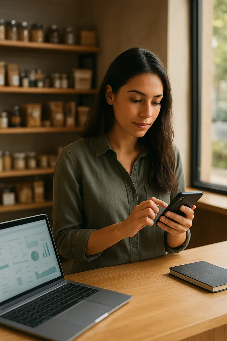 Pequeno empreendedor usa o celular para organizar atendimento e catálogo com WhatsApp Business para pequenos negócios passo a passo em um balcão iluminado.