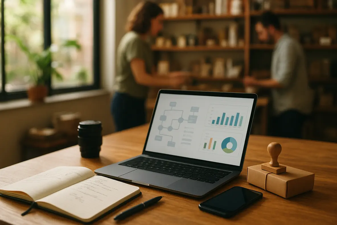 Pequeno empreendedor usa o celular para organizar atendimento e catálogo com WhatsApp Business para pequenos negócios passo a passo em um balcão iluminado. - Aplicação Prática