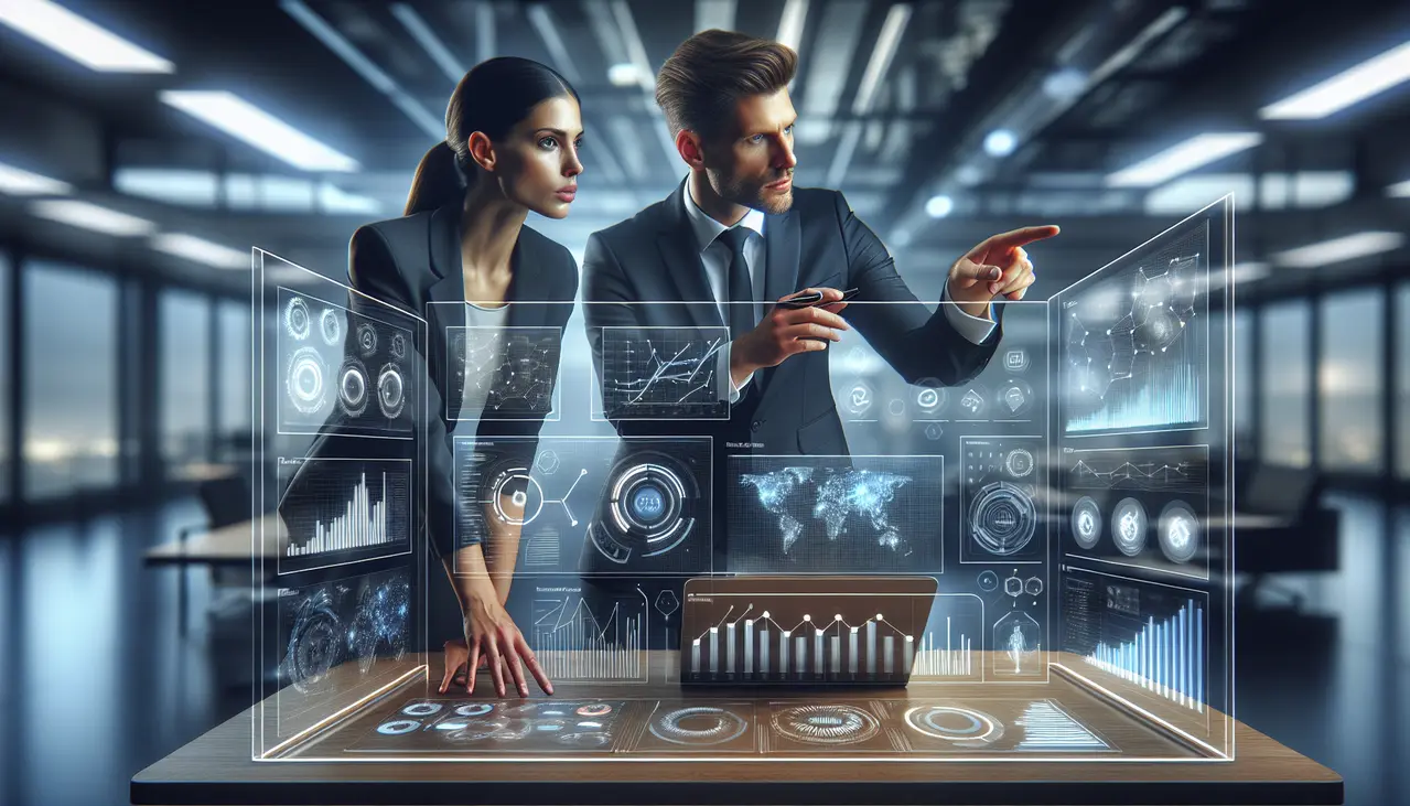 Dois empreendedores analisam dados em uma tela futurista, representando a aplicação do guia completo de web analytics para pequenos negócios para impulsionar suas vendas.