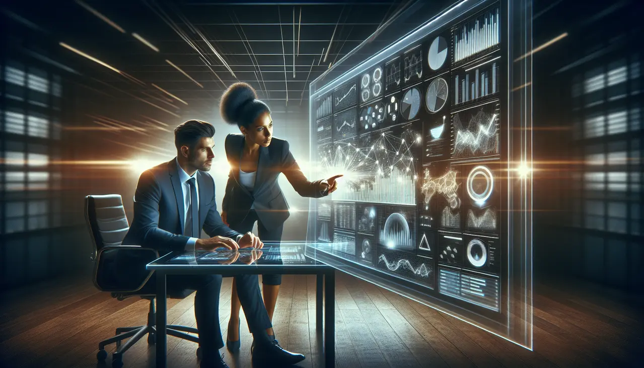 Dois empreendedores analisam dados em uma tela futurista, representando a aplicação do guia completo de web analytics para pequenos negócios para impulsionar suas vendas.