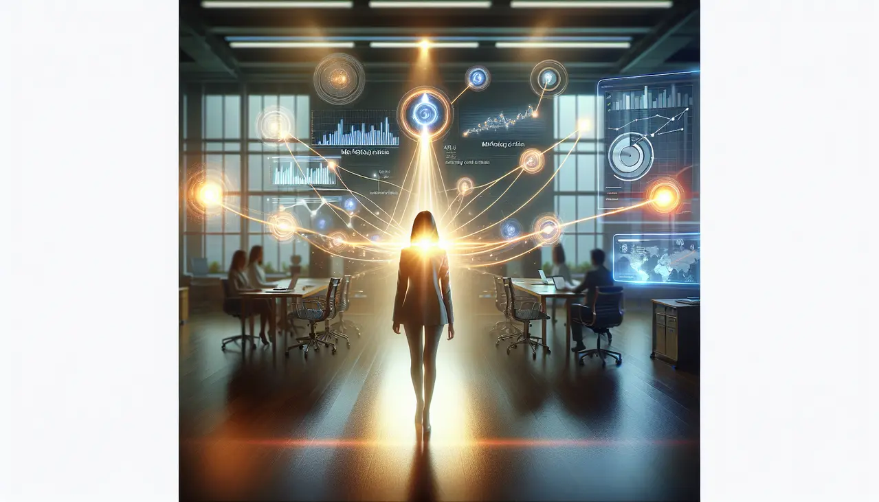 Uma imagem conceitual ilustrando a complexidade e a clareza obtida pela atribuição de marketing para pequenas empresas, com dados fluindo e sendo analisados em um painel digital.