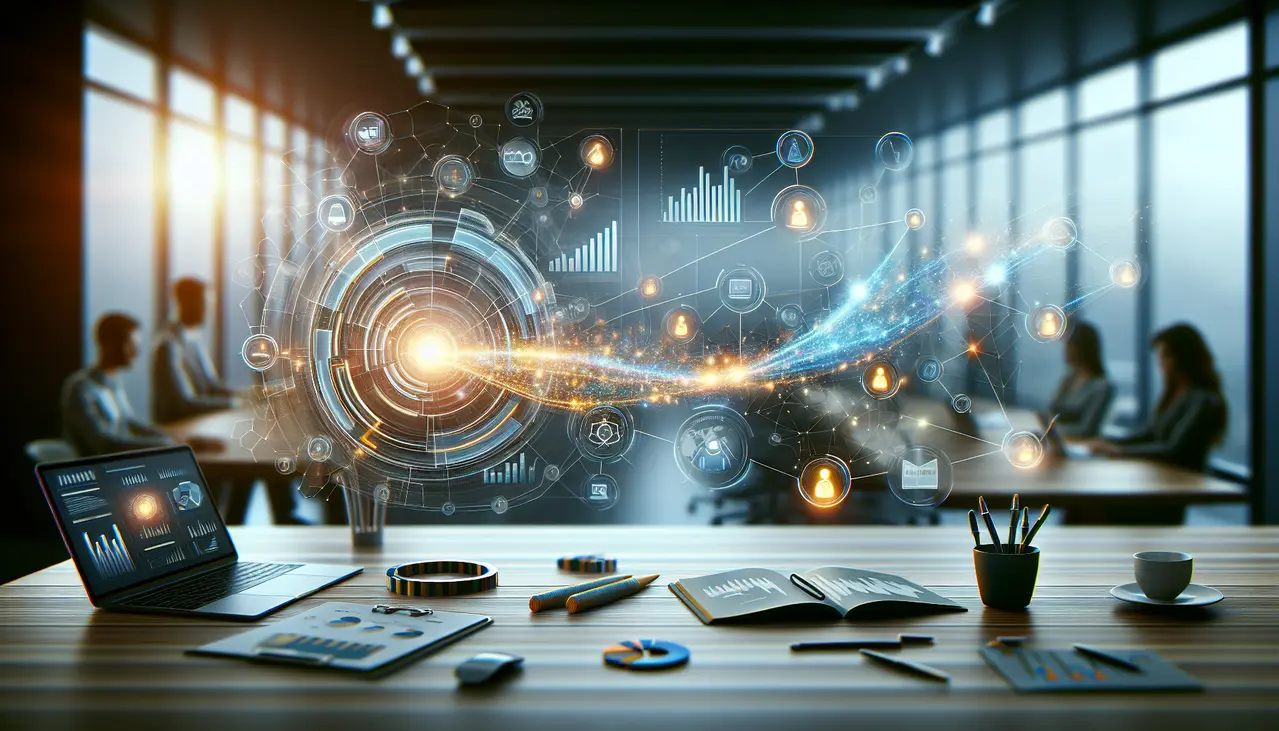 Uma imagem conceitual ilustrando a complexidade e a clareza obtida pela atribuição de marketing para pequenas empresas, com dados fluindo e sendo analisados em um painel digital.