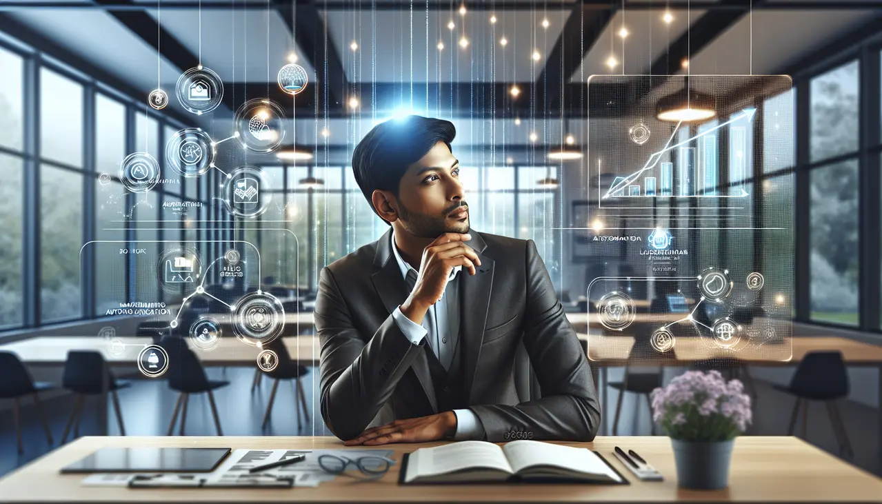 Uma mulher, dona de uma pequena empresa, observa um painel digital interativo com gráficos de crescimento e ícones de automação de marketing ferramentas para pequenas empresas, simbolizando o aumento da eficiência e das vendas.