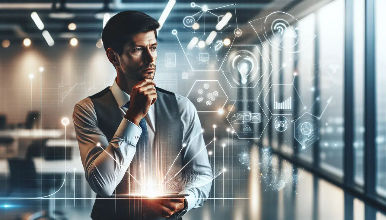 Uma mulher, dona de uma pequena empresa, observa um painel digital interativo com gráficos de crescimento e ícones de automação de marketing ferramentas para pequenas empresas, simbolizando o aumento da eficiência e das vendas.