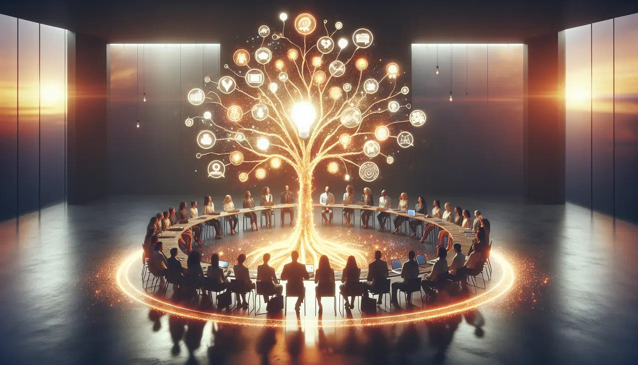 A imagem conceitual ilustra o poder do brand storytelling para pequenas empresas, mostrando pessoas conectadas por uma narrativa digital envolvente que estimula o crescimento e a criatividade.