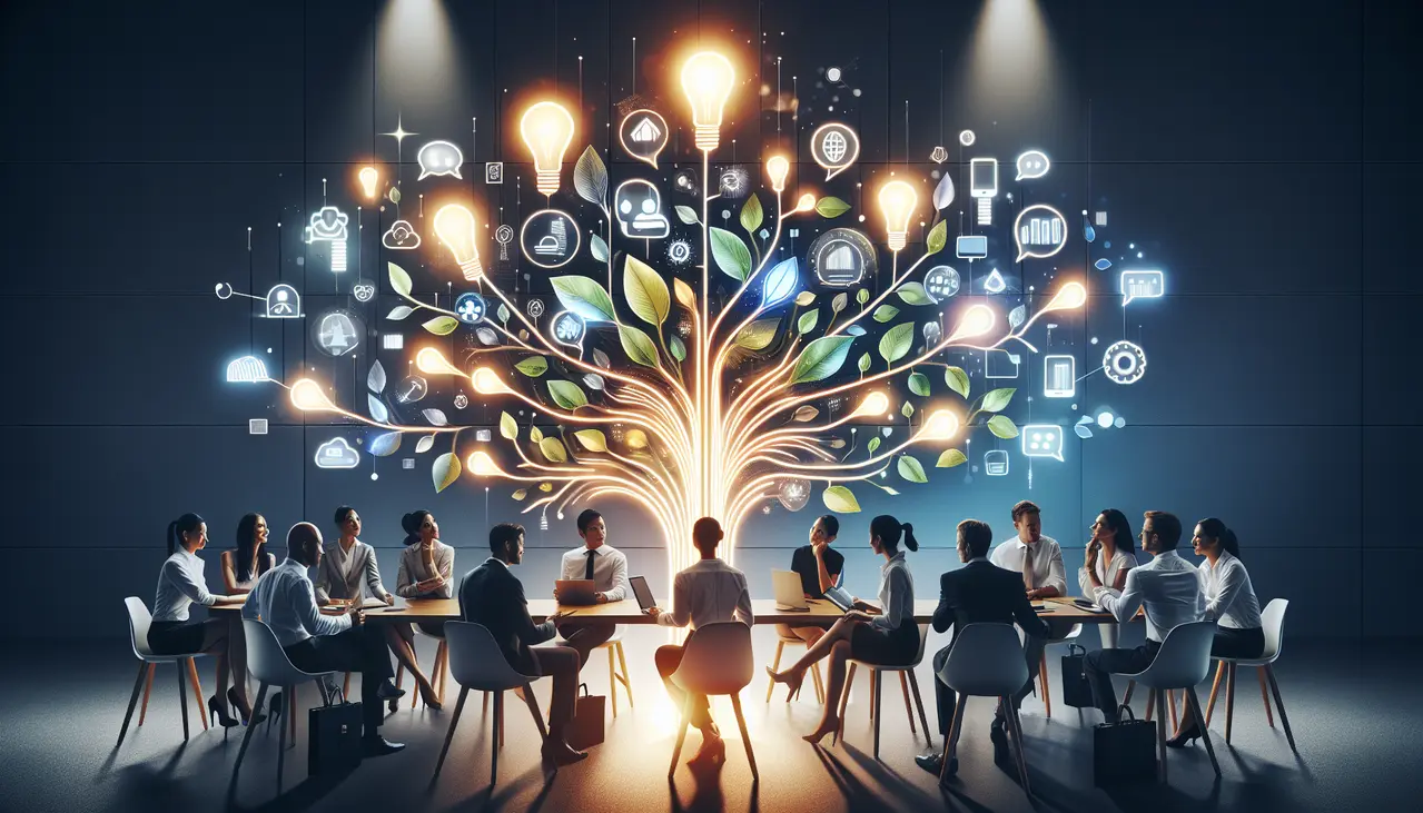 A imagem conceitual ilustra o poder do brand storytelling para pequenas empresas, mostrando pessoas conectadas por uma narrativa digital envolvente que estimula o crescimento e a criatividade.