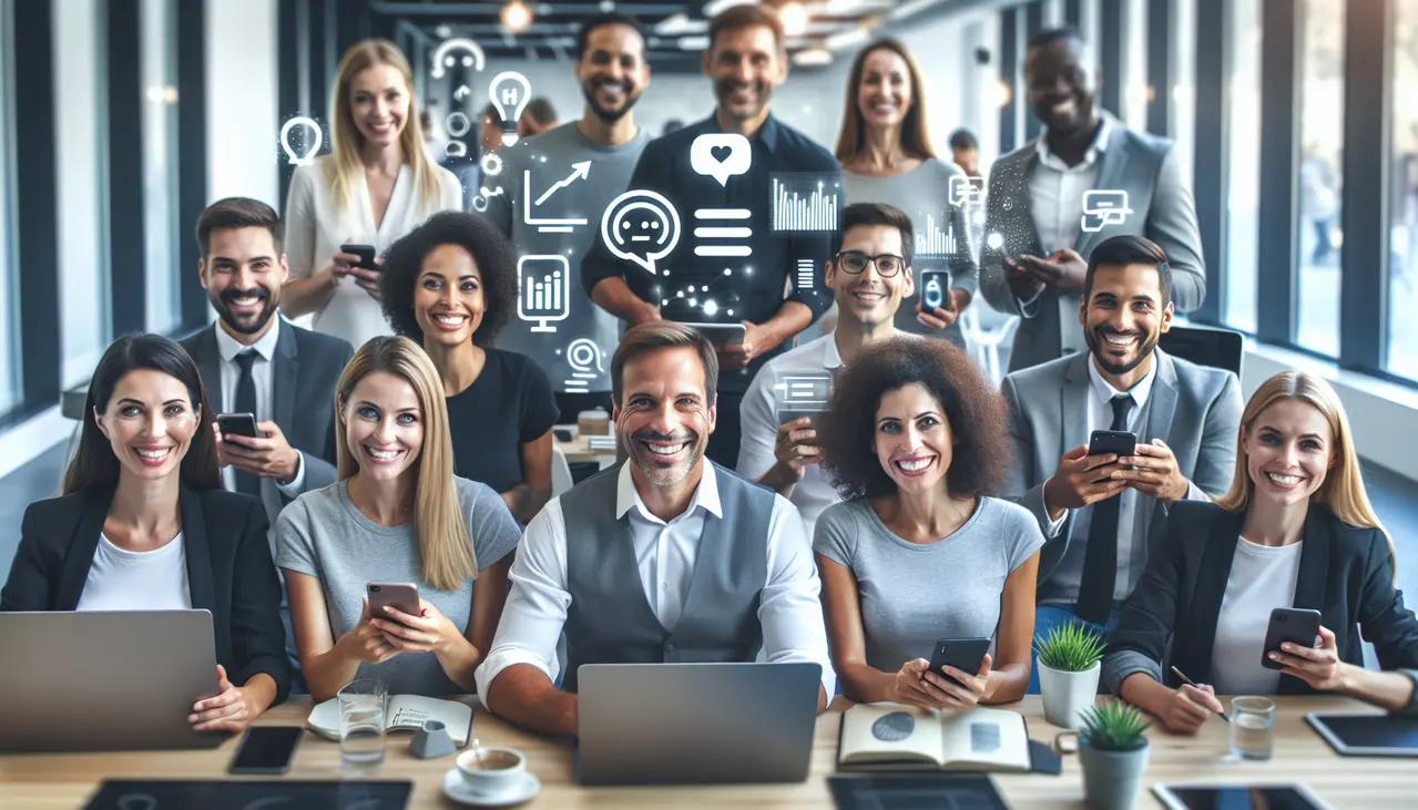 Imagem conceitual que mostra como o chatbot marketing para pequenas empresas otimiza a interação com clientes e impulsiona o crescimento em um ambiente de negócios colaborativo.