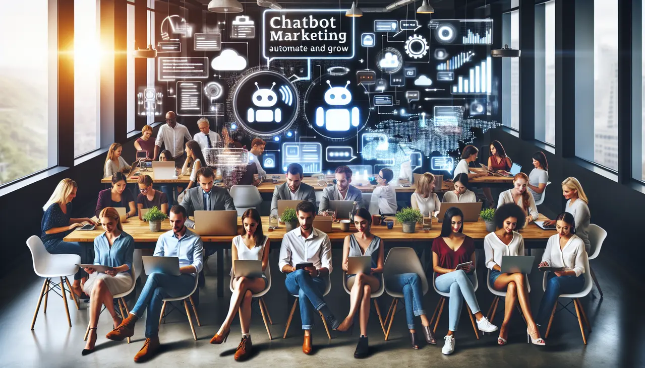 Imagem conceitual que mostra como o chatbot marketing para pequenas empresas otimiza a interação com clientes e impulsiona o crescimento em um ambiente de negócios colaborativo.