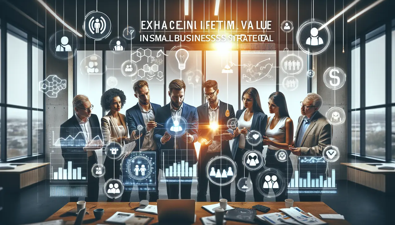 Uma imagem conceitual que ilustra estratégias digitais colaborativas para como aumentar lifetime value pequenas empresas, com empresários analisando dados em telas modernas.