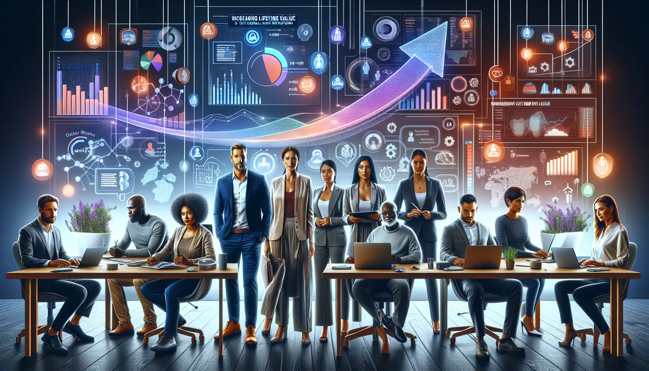 Uma imagem conceitual que ilustra estratégias digitais colaborativas para como aumentar lifetime value pequenas empresas, com empresários analisando dados em telas modernas.