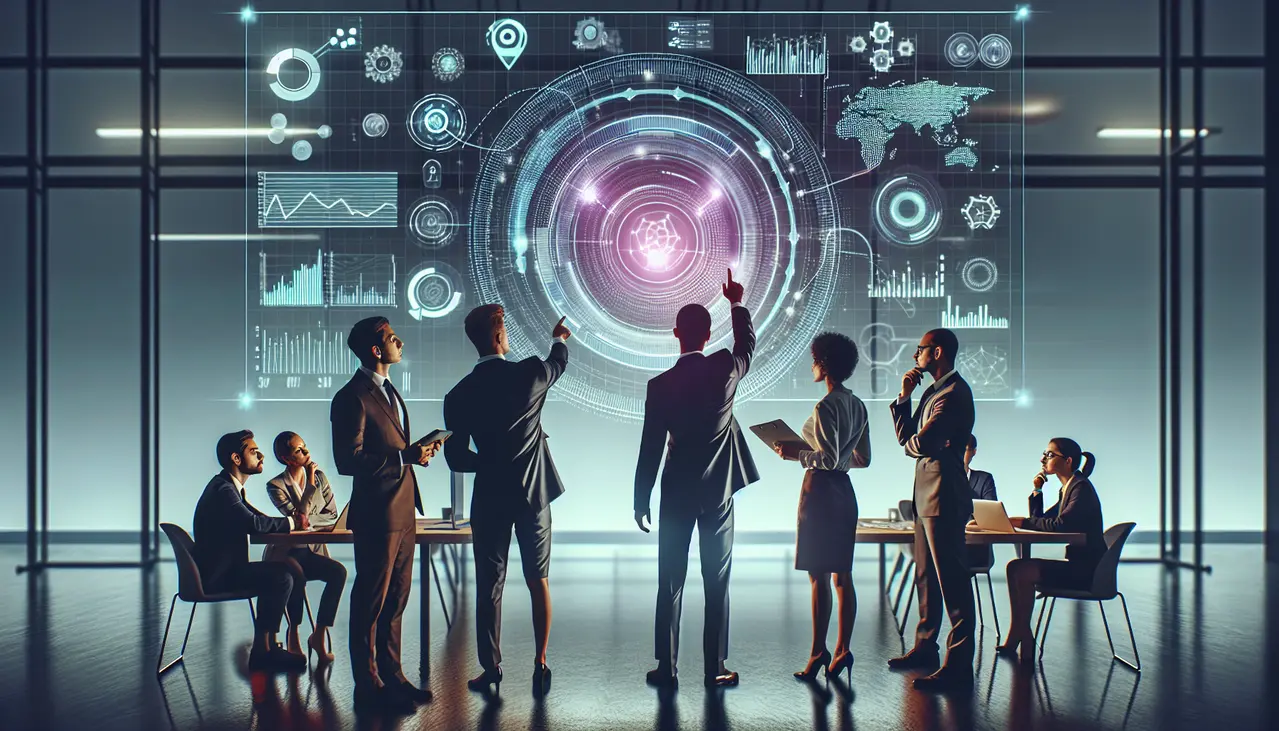 Um grupo de empreendedores e estrategistas colabora em um escritório moderno, analisando dados competitivos digitais em uma projeção holográfica, representando o processo de **como fazer análise de concorrência digital para pequenas empresas**.