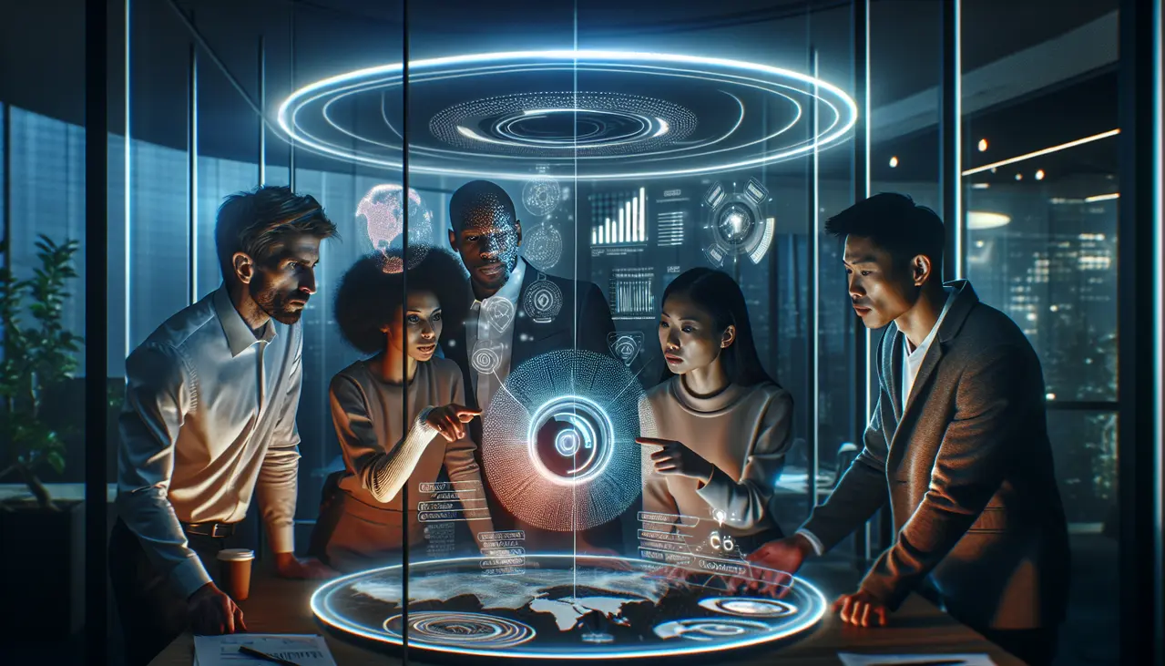 Um grupo de empreendedores e estrategistas colabora em um escritório moderno, analisando dados competitivos digitais em uma projeção holográfica, representando o processo de **como fazer análise de concorrência digital para pequenas empresas**.