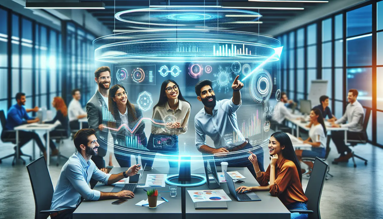 Um grupo diversificado de empreendedores colabora em um escritório moderno, analisando gráficos de crescimento digital, simbolizando o sucesso das estratégias de TikTok marketing para pequenas empresas em 2026.