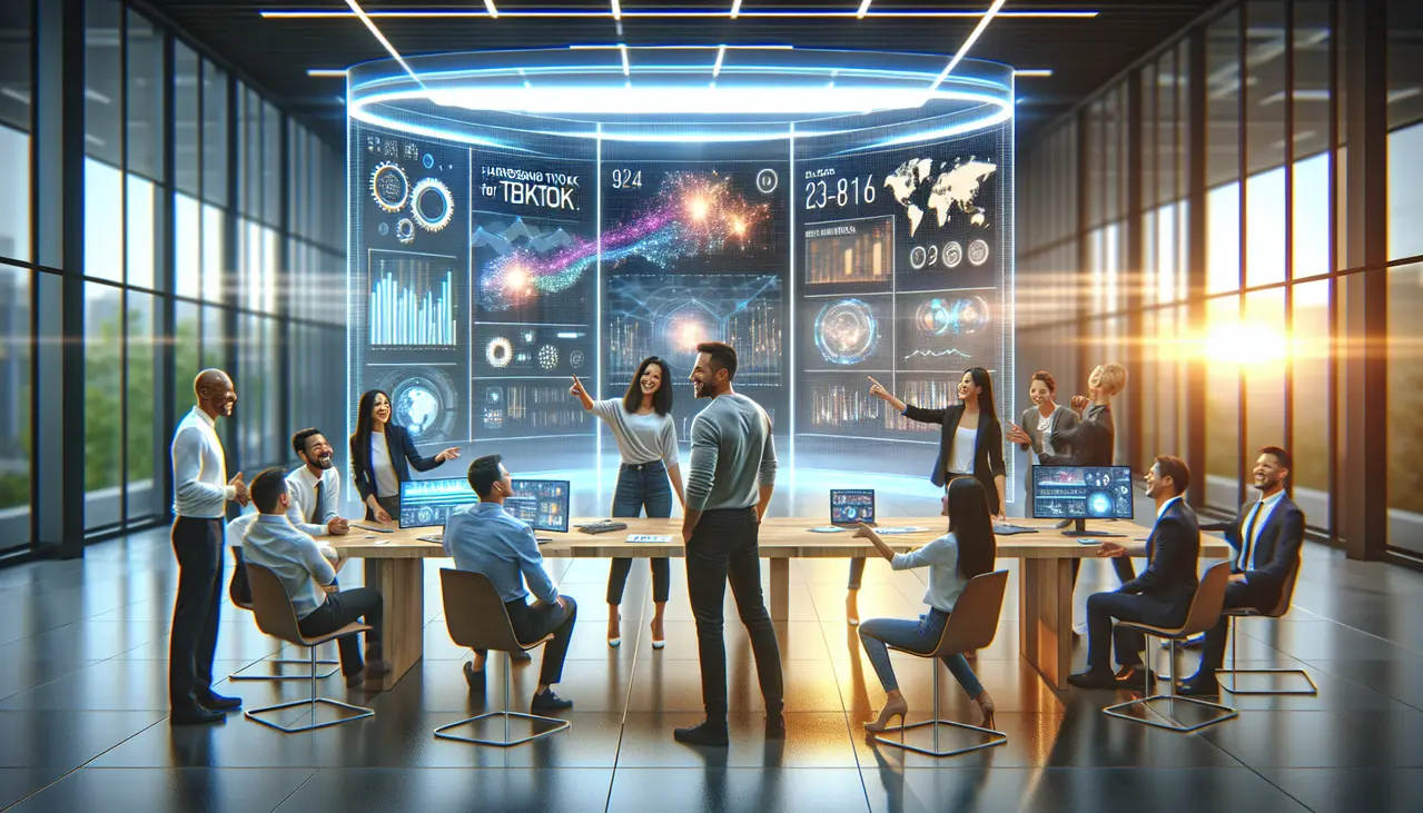 Um grupo diversificado de empreendedores colabora em um escritório moderno, analisando gráficos de crescimento digital, simbolizando o sucesso das estratégias de TikTok marketing para pequenas empresas em 2026.