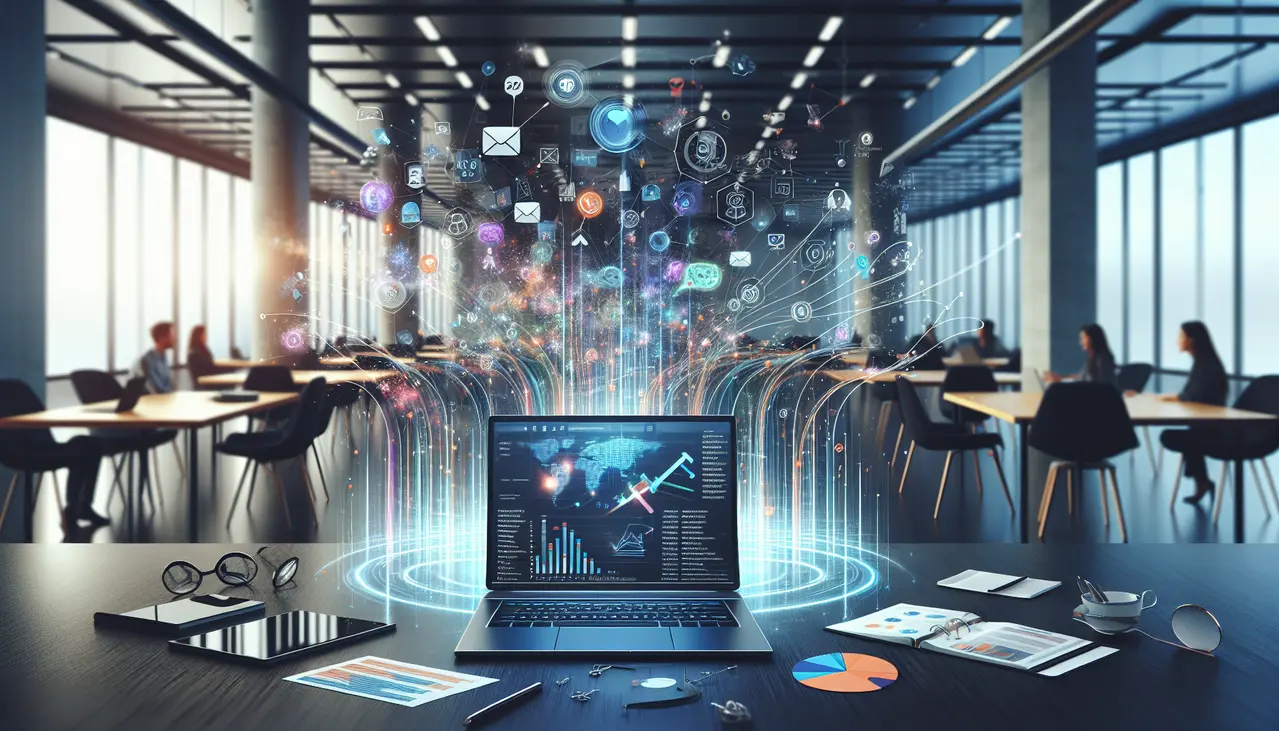 Uma imagem conceitual de um laptop exibindo gráficos de crescimento e emails interconectados, representando o sucesso do email marketing avançado para pequenas empresas em um ambiente de colaboração profissional.