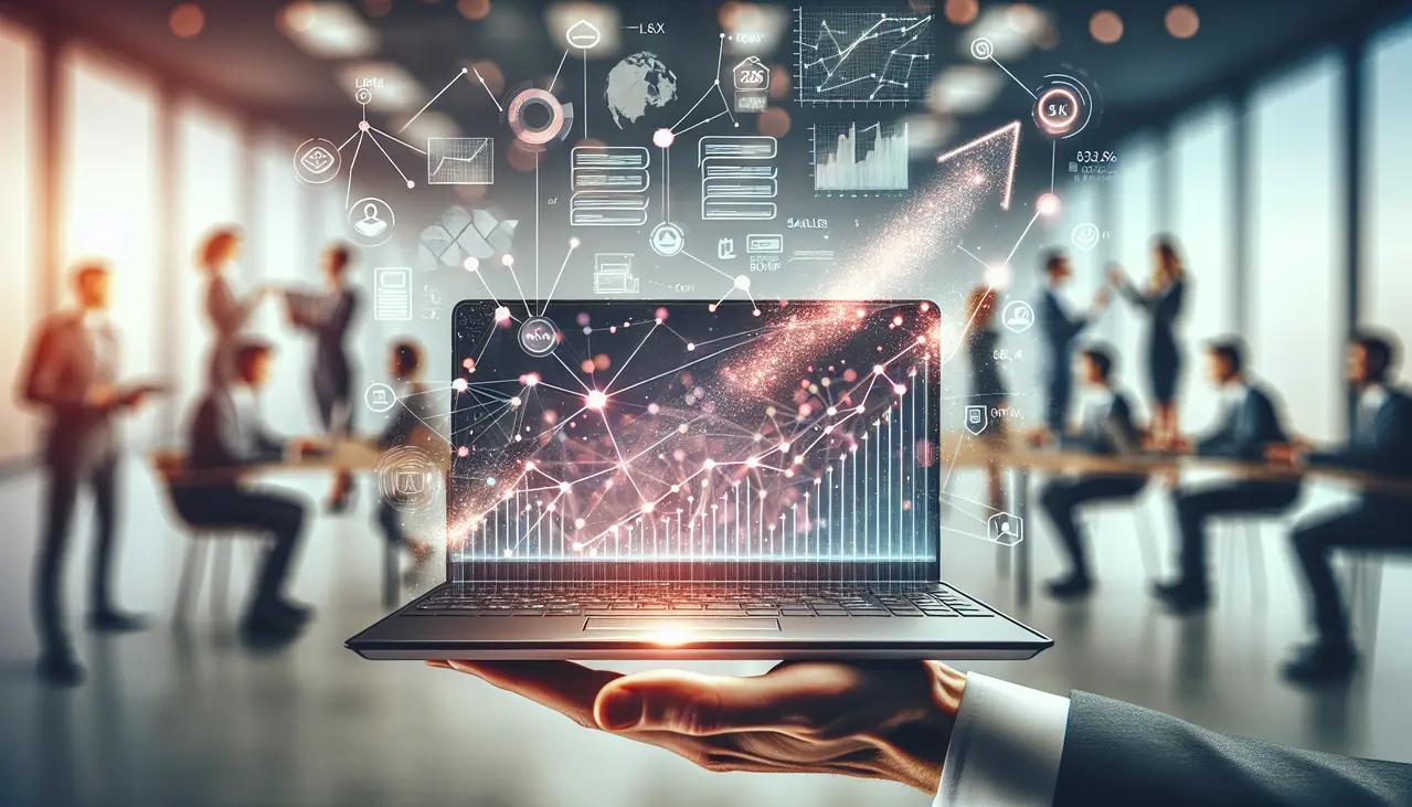 Uma imagem conceitual de um laptop exibindo gráficos de crescimento e emails interconectados, representando o sucesso do email marketing avançado para pequenas empresas em um ambiente de colaboração profissional.