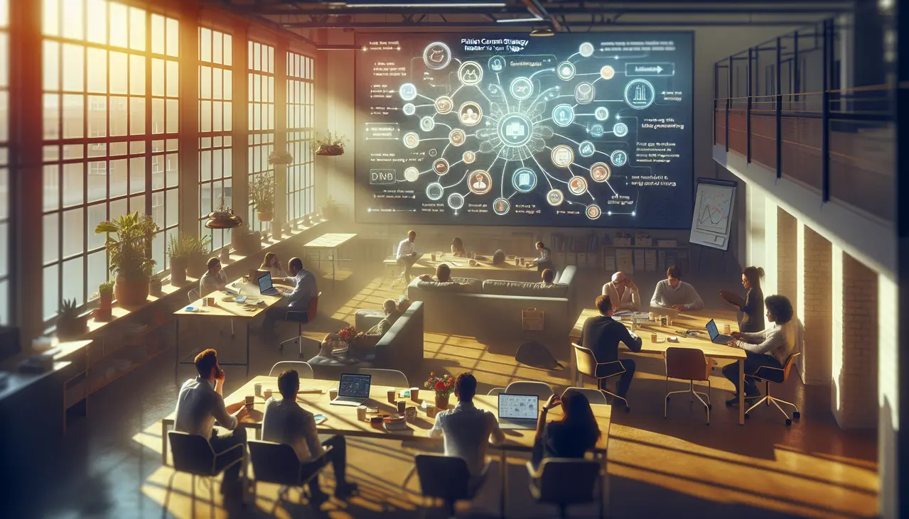 Um grupo de empreendedores colabora ativamente em um ambiente moderno, planejando uma estratégia de conteúdo pilar para pequenas empresas, com foco em crescimento e organização.