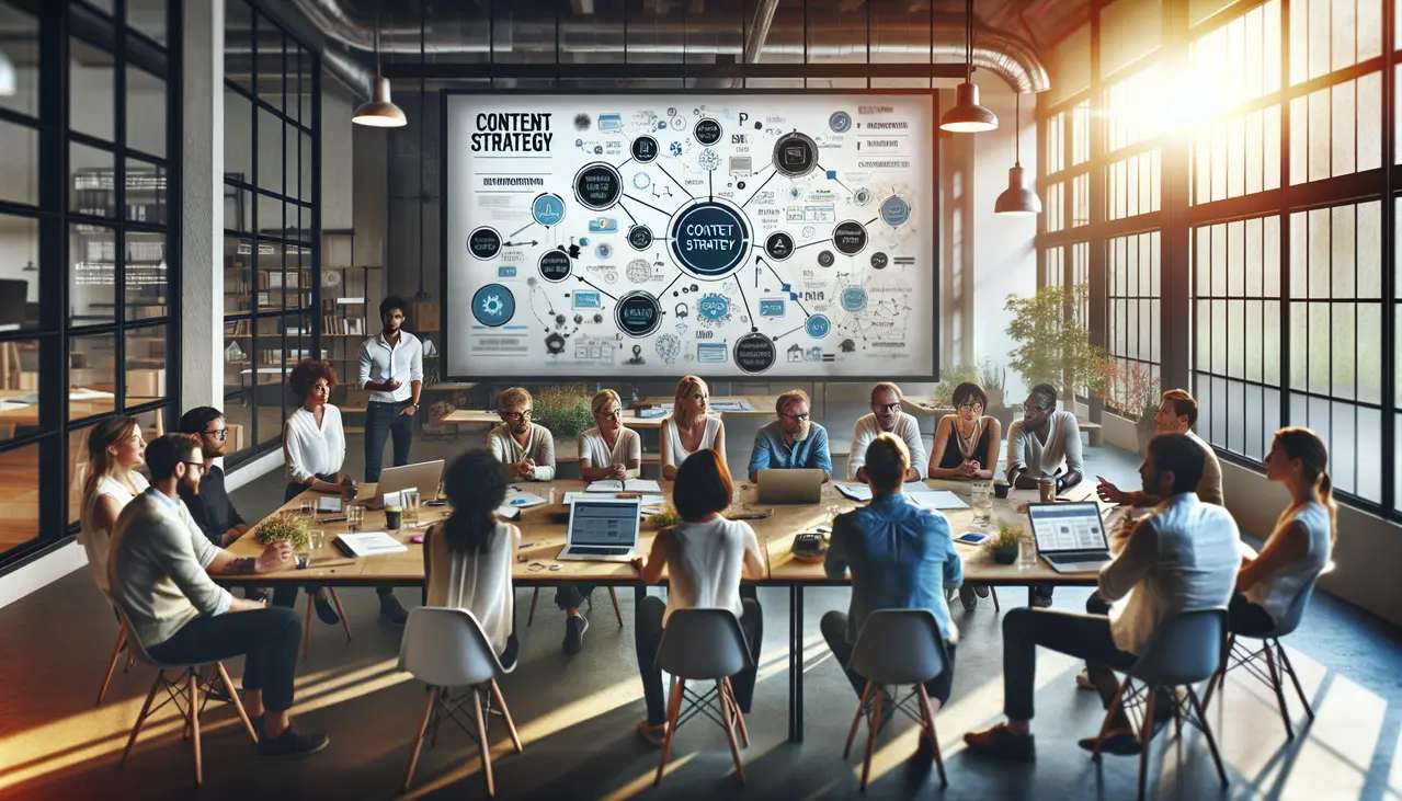 Um grupo de empreendedores colabora ativamente em um ambiente moderno, planejando uma estratégia de conteúdo pilar para pequenas empresas, com foco em crescimento e organização.