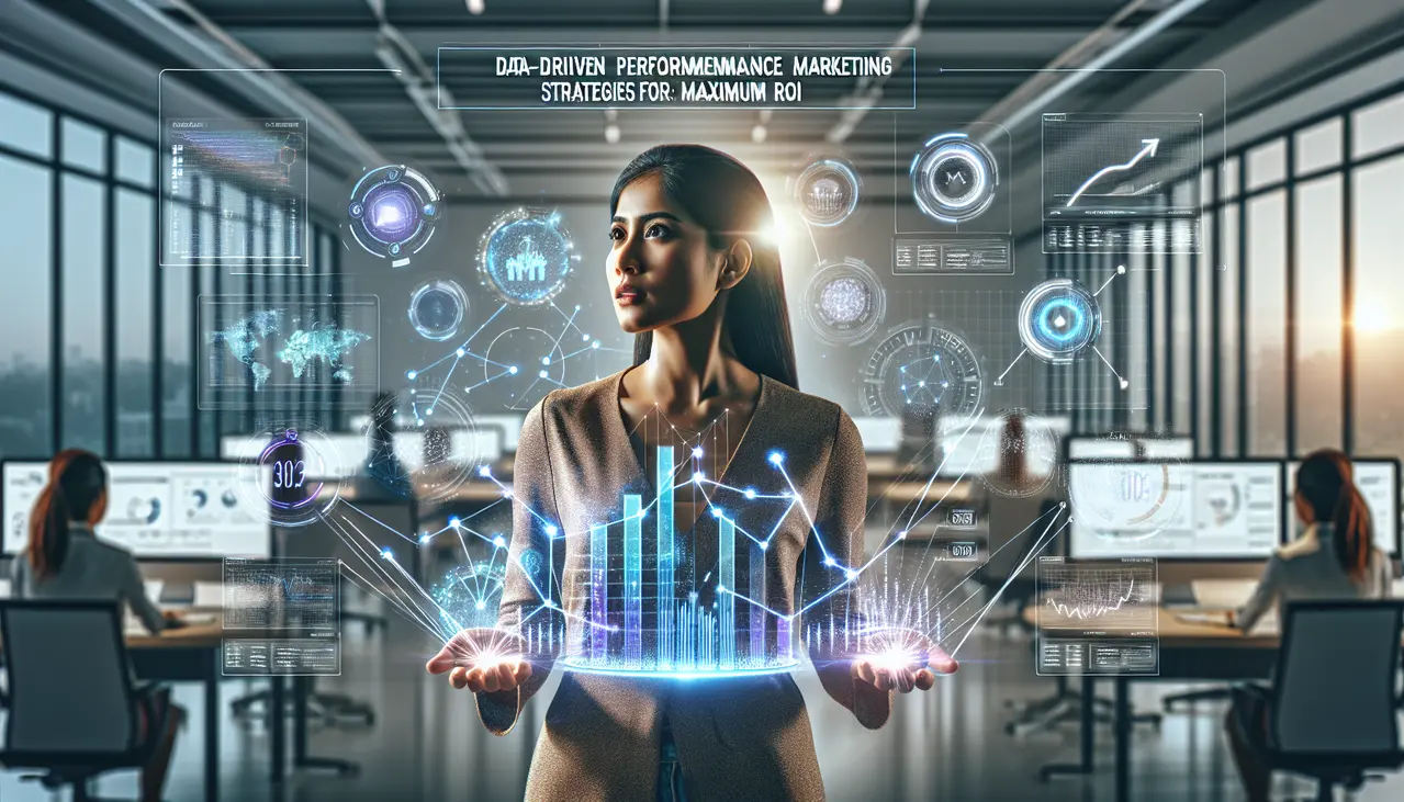 Uma mulher, proprietária de uma pequena empresa, analisa um painel de dados holográfico com gráficos de crescimento, simbolizando o sucesso de suas estratégias de marketing de performance para pequenas empresas.