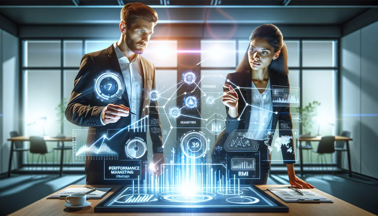 Uma mulher, proprietária de uma pequena empresa, analisa um painel de dados holográfico com gráficos de crescimento, simbolizando o sucesso de suas estratégias de marketing de performance para pequenas empresas.