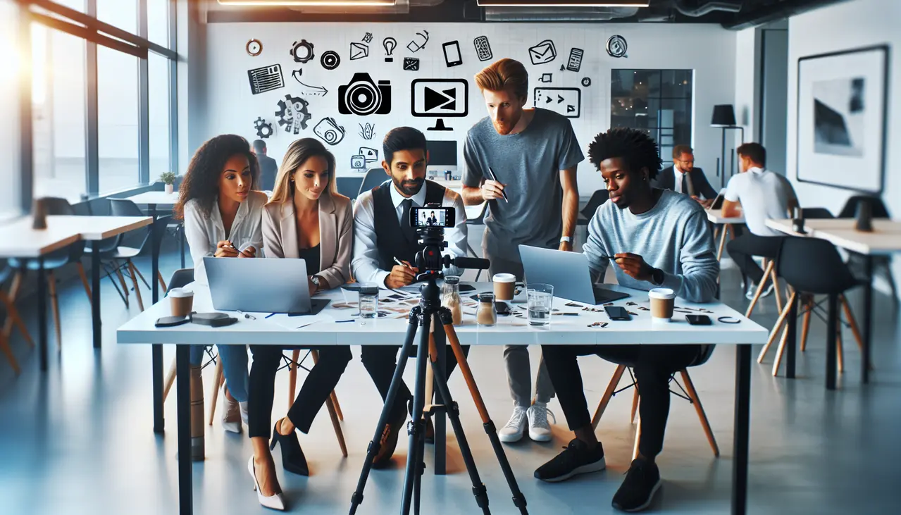 Uma equipe de empreendedores colabora em um ambiente moderno, planejando e gravando um vídeo, ilustrando as estratégias de vídeo marketing para pequenas empresas.