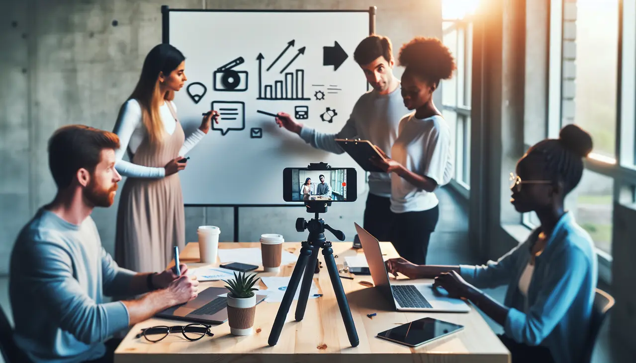 Uma equipe de empreendedores colabora em um ambiente moderno, planejando e gravando um vídeo, ilustrando as estratégias de vídeo marketing para pequenas empresas.