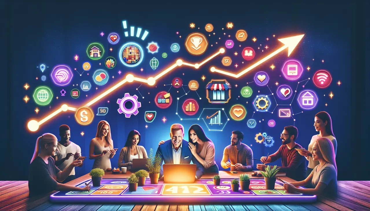 Ilustração vibrante de empreendedores usando elementos interativos e lúdicos que representam a gamificação no marketing para pequenas empresas, com gráficos de crescimento ao fundo.