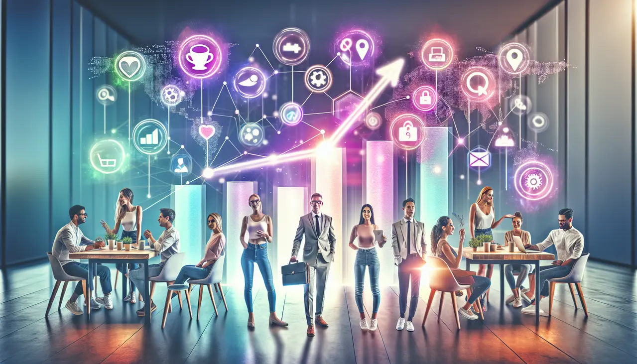 Ilustração vibrante de empreendedores usando elementos interativos e lúdicos que representam a gamificação no marketing para pequenas empresas, com gráficos de crescimento ao fundo.